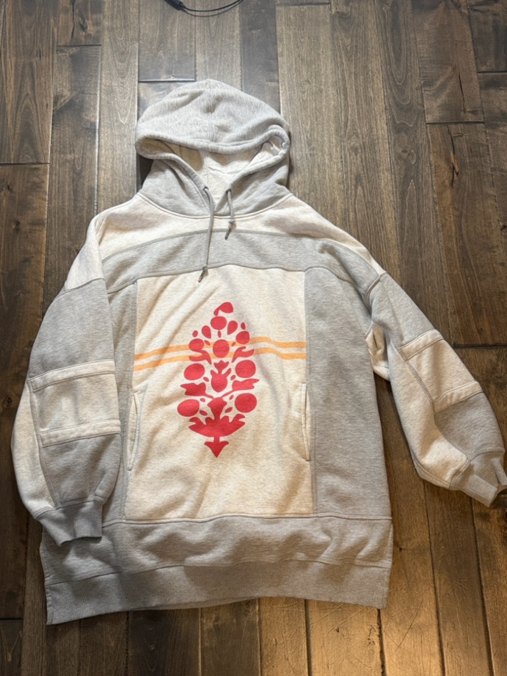 FP Movement by Free People Light Gray Hoodie with Red Graphic and Orange Stripes - Picture 3 of 4